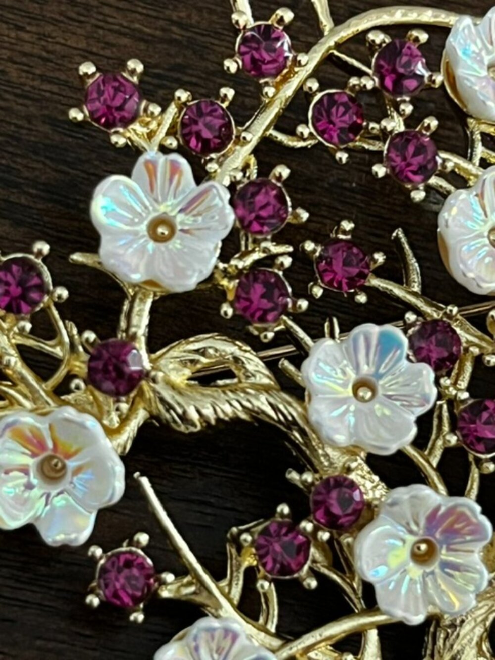 Cherry Blossom Brooch Rhinestones Gold Tone Setting NWOT - Picture 3 of 5